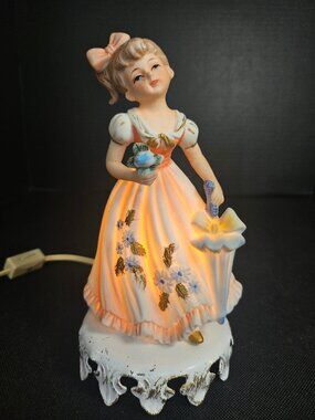 Lefton Rare Vintage Marika's 5489 Girl With Umbrella Night Light Figurine 7.5"
